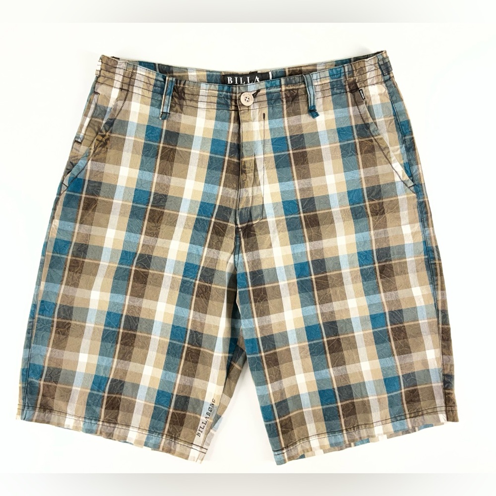 Billabong Men's Flat Front Classic Chino Blue Brown Tan Plaid Shorts‎ Size 33